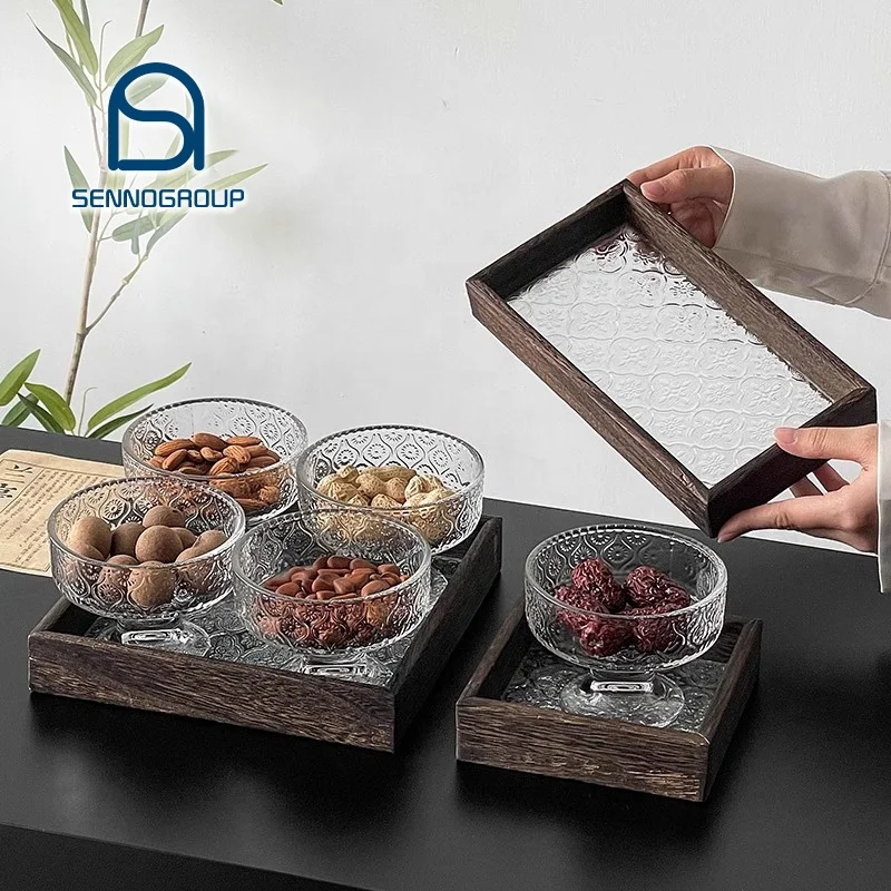 Exquisite Snack Platter Set Begonia Embossed Ice Cream Dried Fruit Dessert Glass Goblet Bowl With Wood Serving Tray