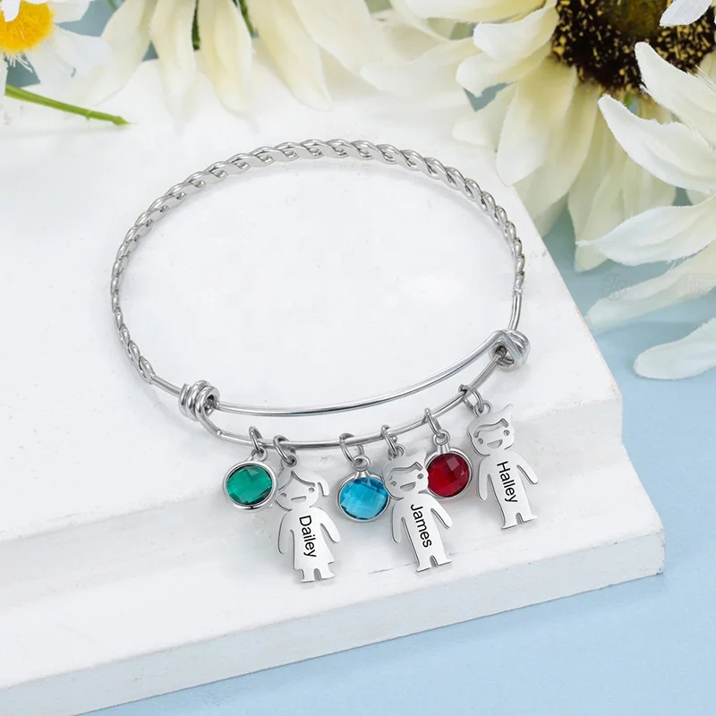 Family Kids & Birthstone Custom Engraved Pendants Charm Bracelet Stainless Steel Bangle Shopify Fulfillment Birthstone Bracelet