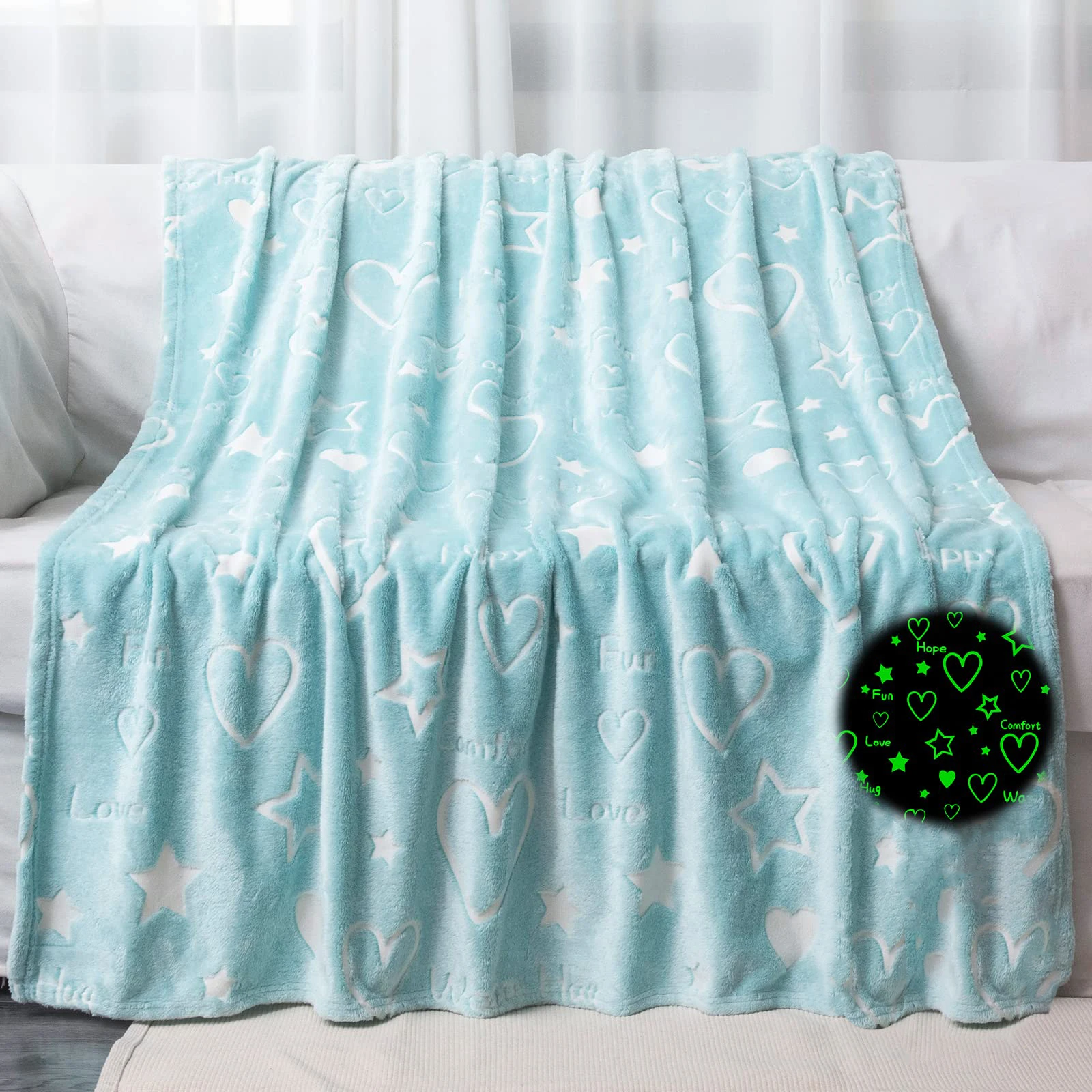 Glow in The Dark Blue Heart Stars Throws Blanket Soft Luminous Warm Cozy Blanket for Girls Boys Kids Birthday Gift