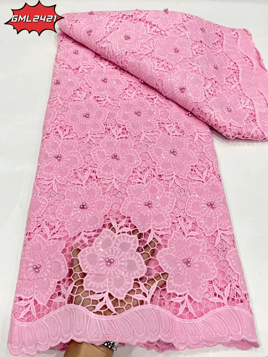 Exquisite African Dry Lace, Tissu Voile Lace Fabric High Quality Swiss Cotton White Guipiure 100% Cotton Satin Lace with beaded