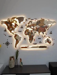 LED lights Factory Wholesale For Home map decor Wooden 3D Decoration art wall wood world map With light Backboard World