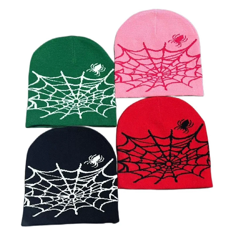 Wholesale Unisex Cool Beanie Hats Spider Web All Over Printing Custom Logo Warm Cap Acrylic Jacquard Knitted Cuffless Beanie