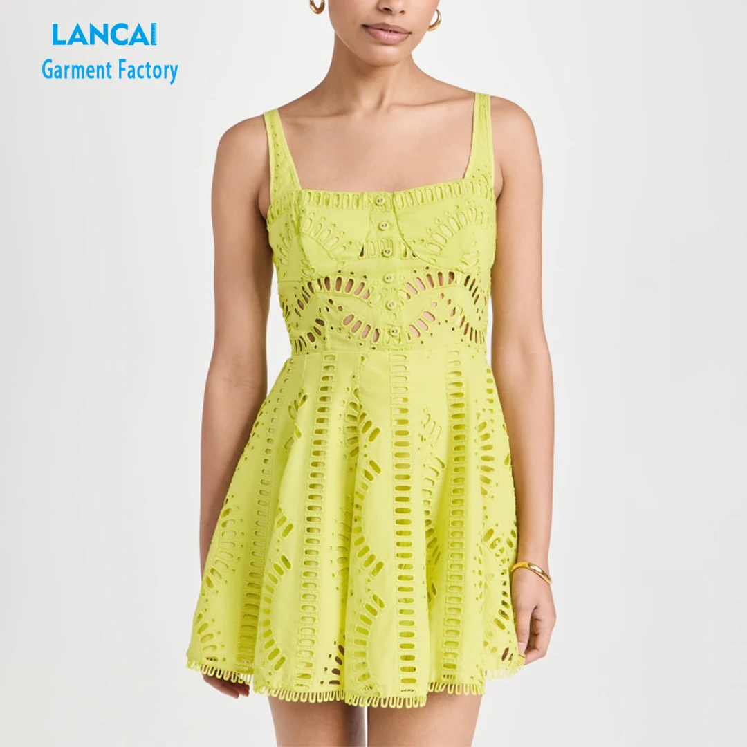Wholesale Custom Logo Cotton Women Casual Strap Dress Hollow Out Embroidery Fabric Women Mini Dress