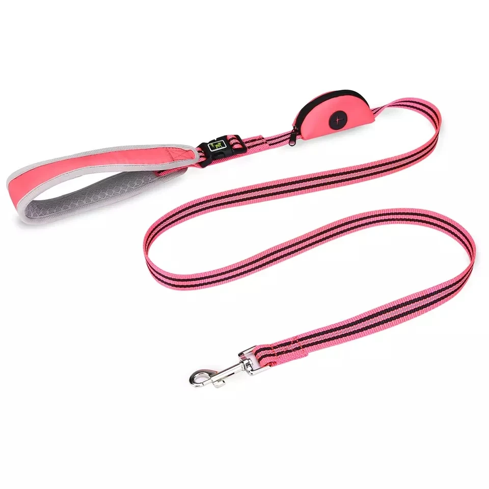 Large Medium Dogs 5 ft Reflective Stitching Dog Leash with Waste Poop Bag Holder