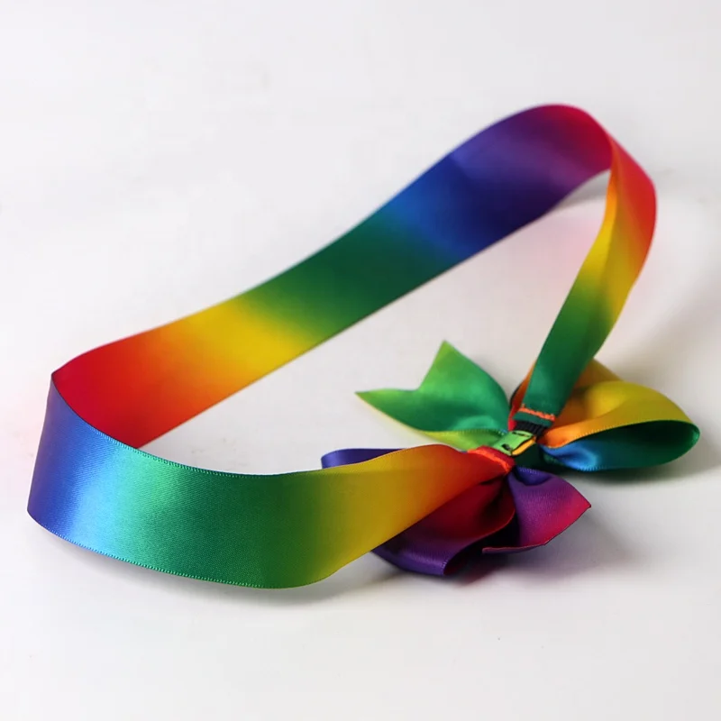 Rainbow ribbon bow gift printed decoration ribbon bow pre tied elastic ribbon bow with elastic loop