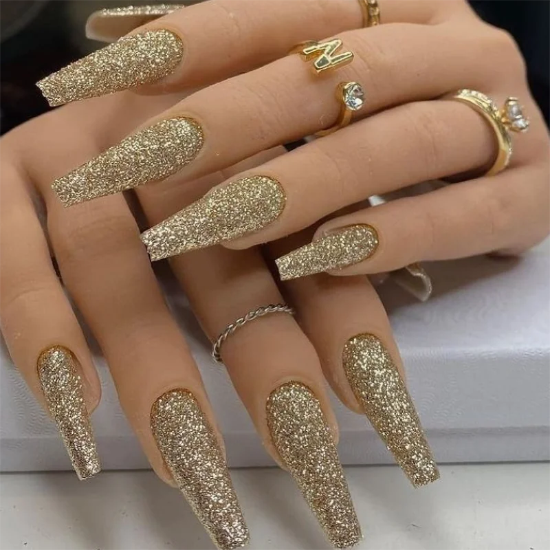 Wedding Engagement Luxury Gold Color Glitter Press On Nails Long Coffin Elegant Acrylic Stick On Small Nails Suppliers