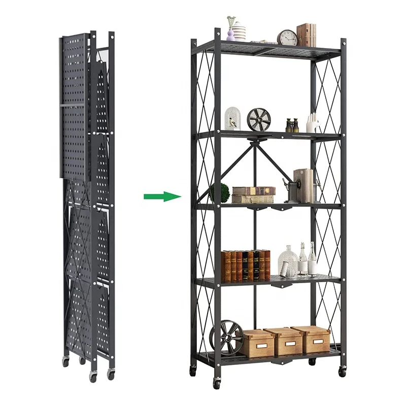5 Tier Kitchen Metal Home Use Utility Folding Shelf Organizer Rack Foldable Steel Storage Shelves with Wheels