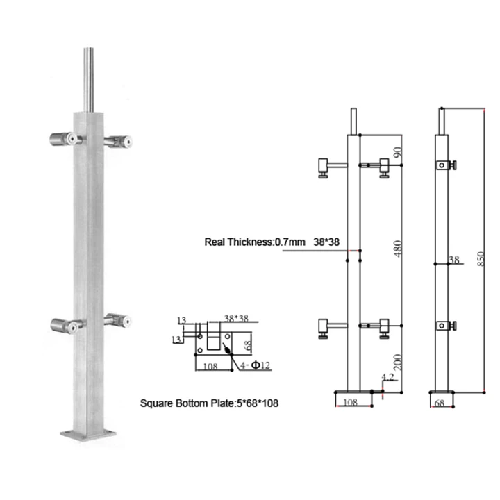 High Quality Stair/Balcony Railing Pillar System Stainless Steel Posts Tempered Glass Railing post