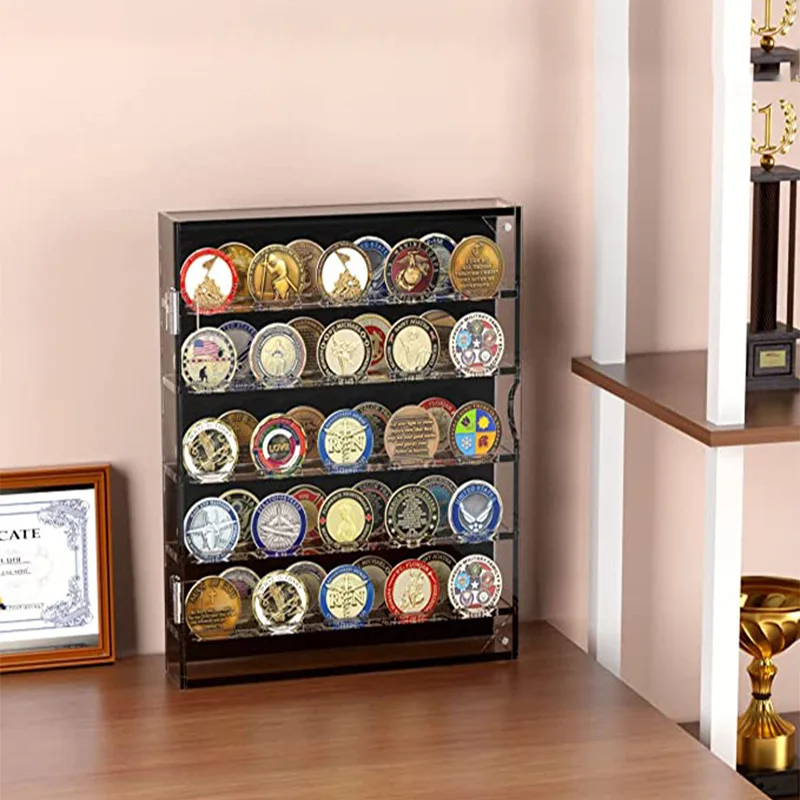 Factory custom challenge coin display case wall hanging display stand adjustable coin display box