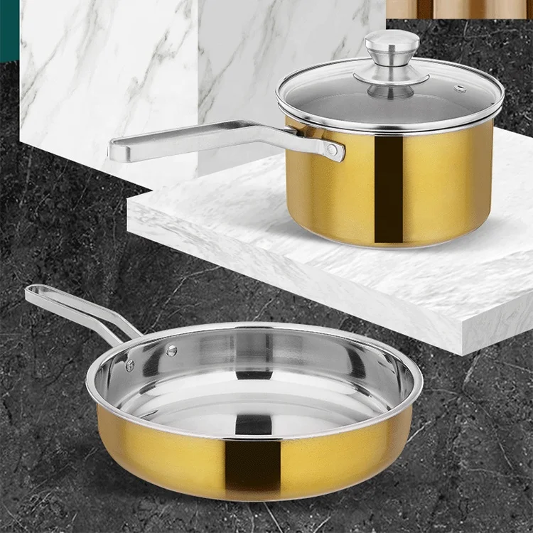 Home general stainless steel milk pot soup pot frying pan set with with glass lid