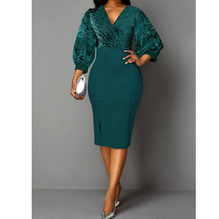 Plus Large Size 3xl 4xl 5xl Split Green V-neck Lantern Puff Sleeve Slim  Lady Sequined Casual Party Elegant Banquet Midi Dress