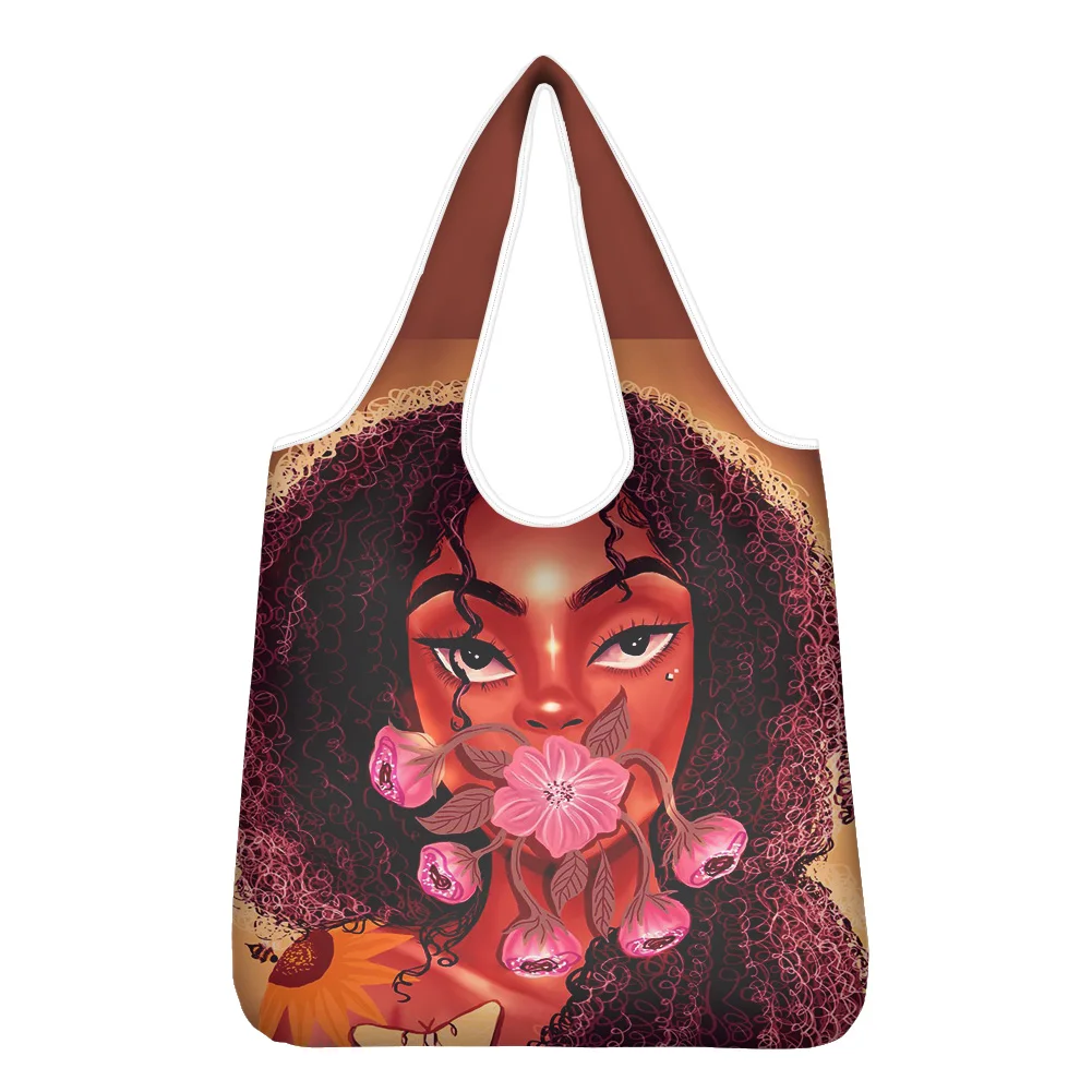 
Best Sale African Girls Design Women Travel Tote Bag For Shop Long Handle Waterproof Grocery Bag Custom Reusable Shopping Bag 