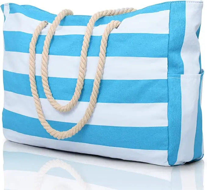 wholesale Large blue white Striped beach bag big Cotton Canvas Shoulder Beach Tote Bag with Cotton Rope Handle