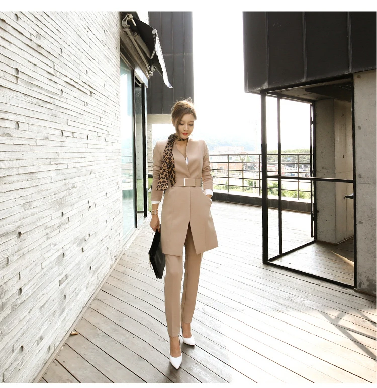 
2021 Spring Elegant Khaki Ladies Suit Long Style Casual Two Piece Blazers Suits Set 
