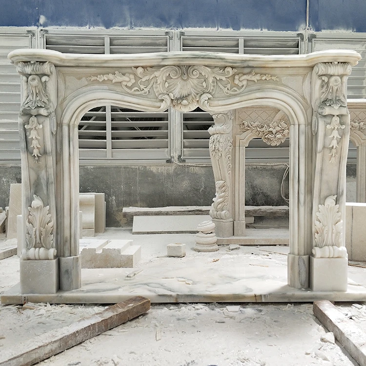 
White Marble Stone Fireplace with Decorative Flame white Fireplace Mantel Surround Indoor 
