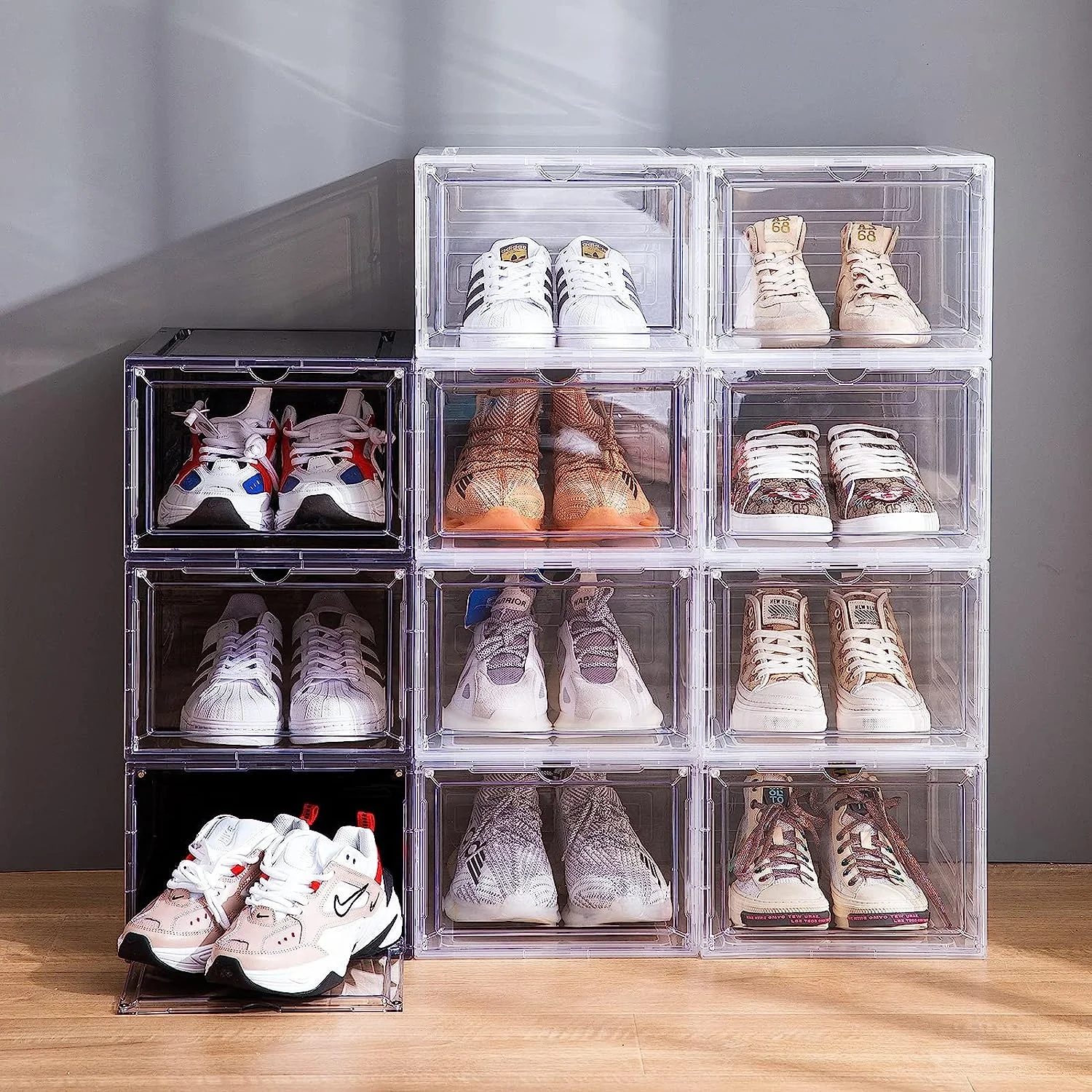 XJH High Quality Display Sneakers Shoe Box Stackable Easy Assembly Drop Front Plastic PET Multifunction Transparent Modern 10pcs