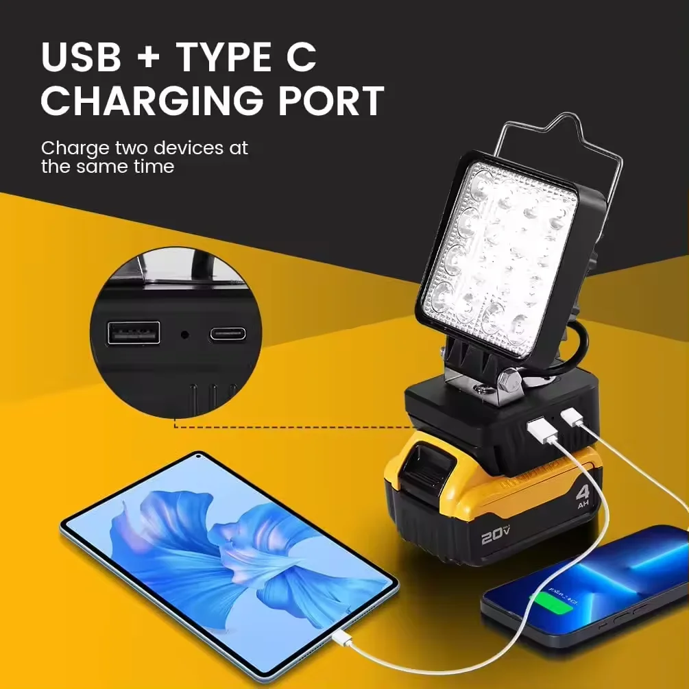 16pcs led beads 16W 1800LM work led light suitable for18V 20V Lithium power cordless tool battery with USB/TYPE-C charger