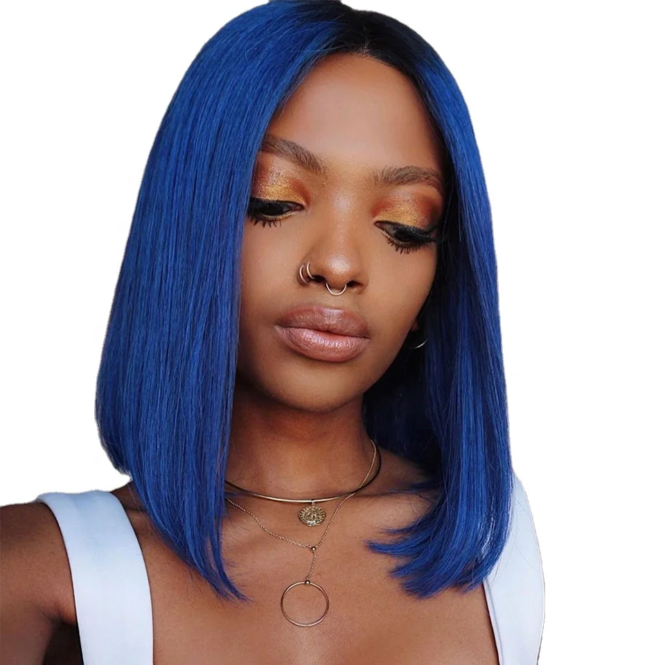 Hot Beauty Brazilian 100% Virgin Lace Fornt Blue Wig Human Hair Short Straight Lace Frontal Colored Bob Wigs For Black Women