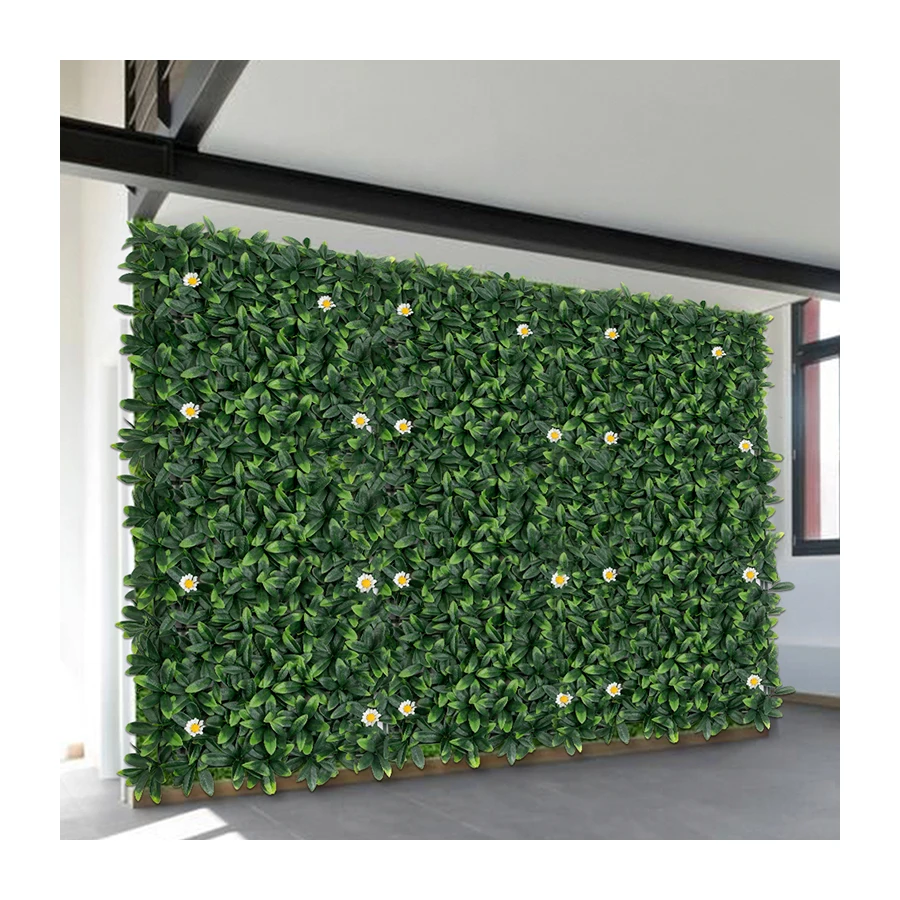 P114 Customized Faked Green Leaves with White Flower Privacy Screen Hedge Panel Backdrop Artificial Green Foliage Wall