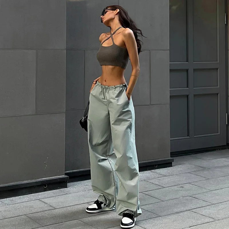 Fashion Anti-pilling Drawstring Wide Leg Loose Outdoor Parachute Polyester Track Pants Women Korean