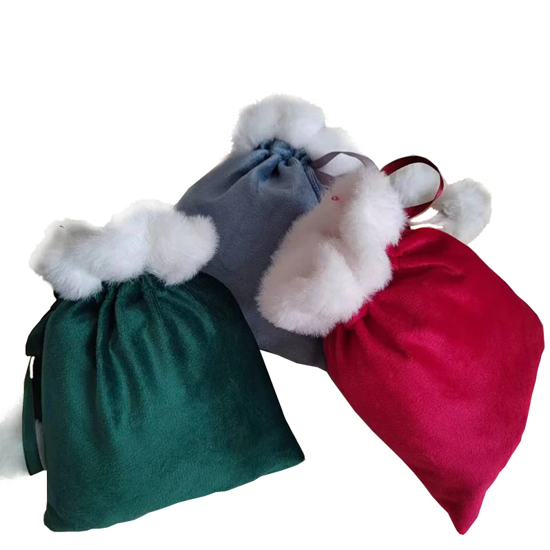 2024 New Xmas pompom Velvet Fabric drawstring Christmas Gift Bag