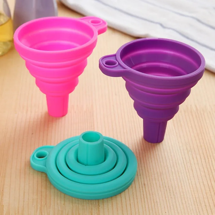 Hot Selling Orange Black Silicone Rubber Collapsible Funnels Separating White Blue Green Silicone Kitchen Funnel
