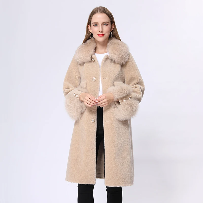 Winter New Arrival Women Single Breasted Mid-Length Sheep Fur Shearling Coat with Fox Fur Collar