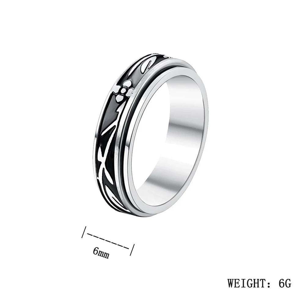 6mm Stainless Steel Ring Silver Black Corrosive Oil Dropping Flower Plant Rotatable Stainless Steel Ring finger rings