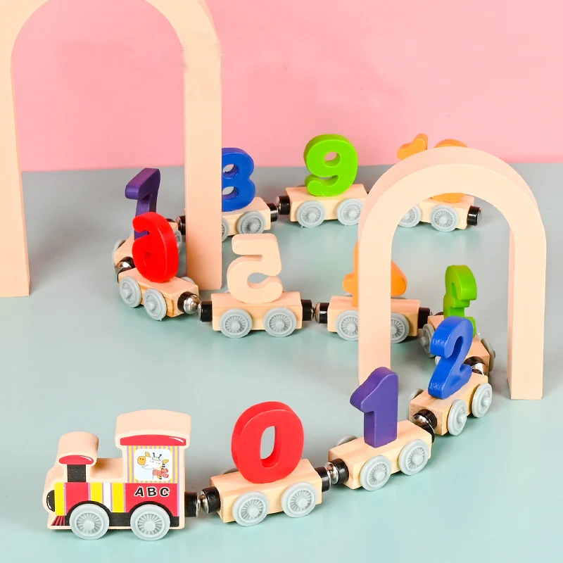 Mumoni Magnetic Wooden Train Toy Children Early Educational Development Toy kids Number And Letters Building Blocks Toy Set