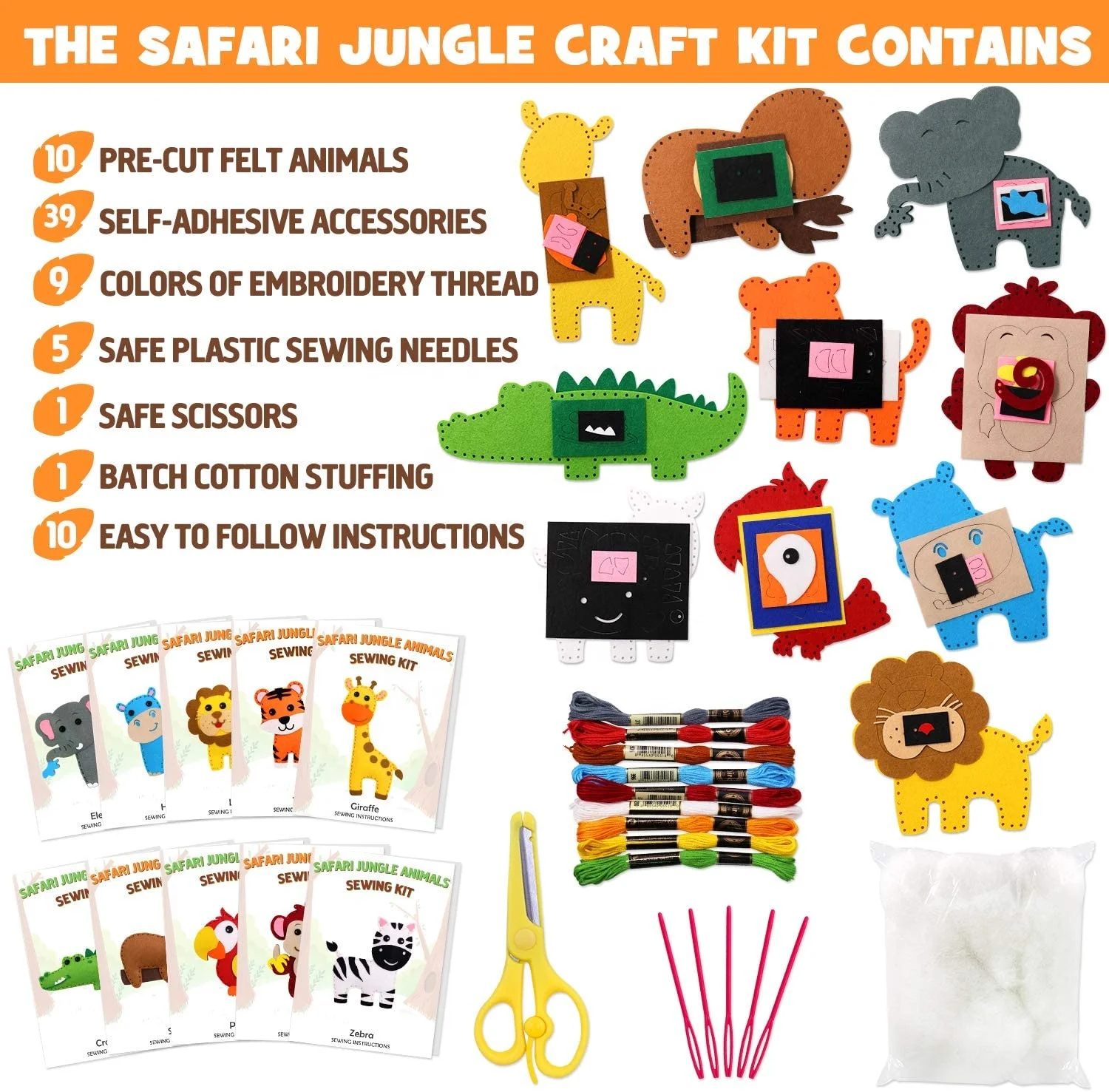Safari Jungle Animals Sewing Kit Zoo Felt Animal DIY Crafts for Girls and Boys Educational Nursery Sewing for Kids Art Craft Kit