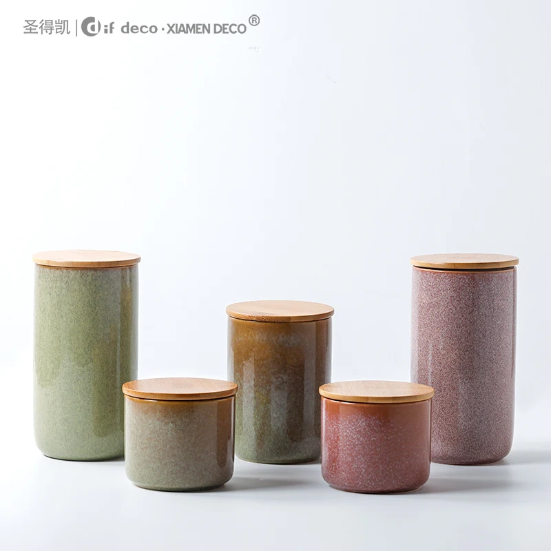 Reactive Glaze Porcelain Cans Kitchen Food Storage Salt Sugar Tea Container with Bamboo Lid