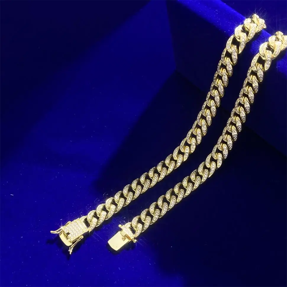 Fine 9MM Hip Hop Style Cuban Chain Yellow Gold Plated Iced Out Pave 5A CZ Shiny Round Diamond 925 Sterling Silver Necklace