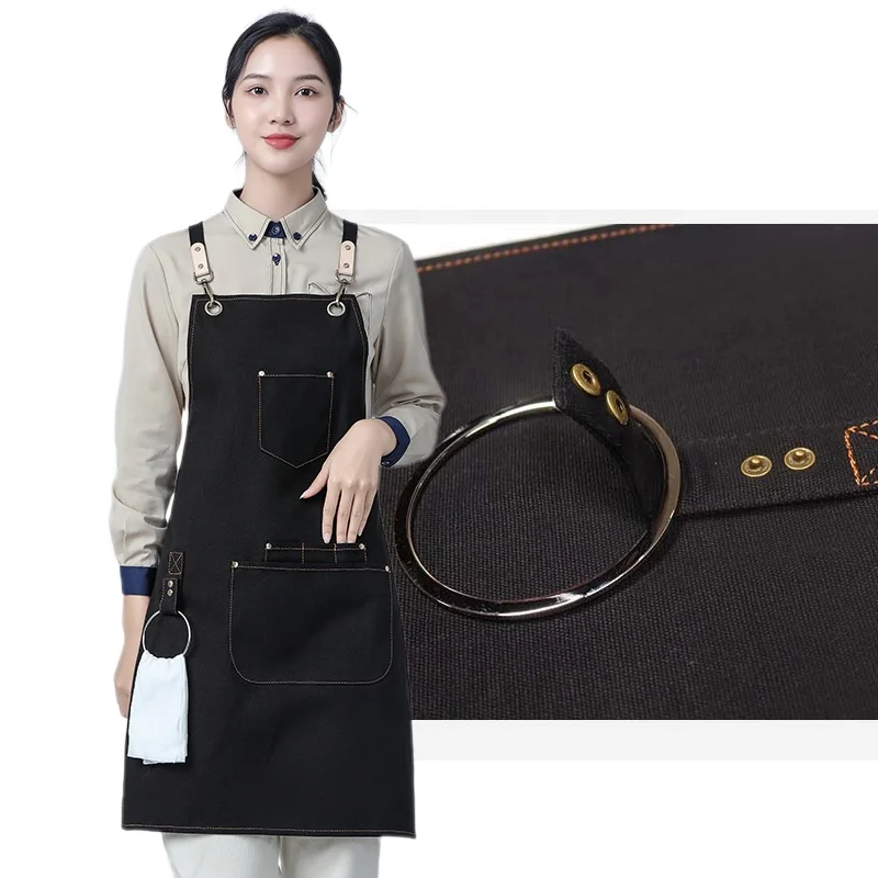 Factory Price Adjustable Cross Back PU Leather Kitchen Apron Chef Cooking Canvas Denim Webbing with Ring XL Size Cotton Material