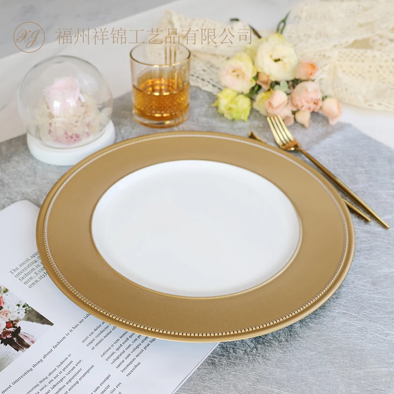 XiangJin Customized Multi-Style round Wedding Charger Decorative Plastic Gold Rim White Plates Hot Sale Wholesale for Home Use