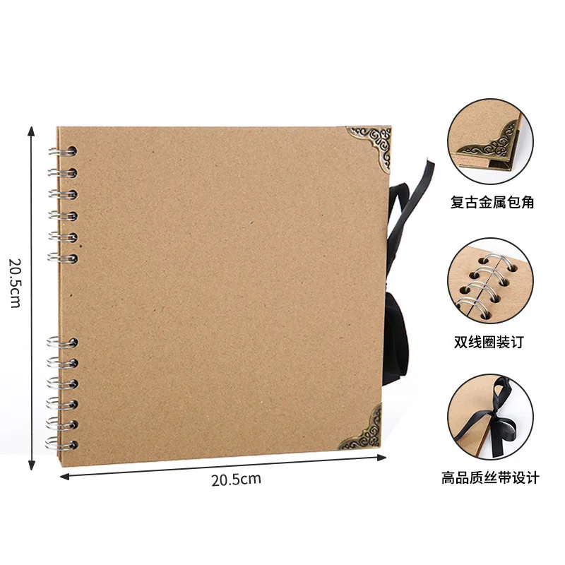 New Black 8 Inch DIY Photo Album 30 sheets Metal Retro Corner Kraft Paper Brown Photo Album Photo Scrapbook Handmade Gift Album