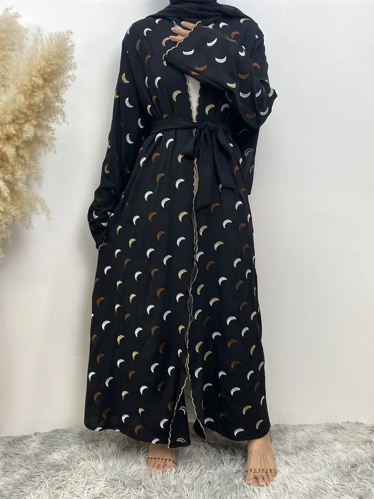 Bicomfort Ramadan New Crepe 2 Pieces Abaya Set Gold Border Pretty Moon Embroidery With Pockets Women Cardigan With Hijab 4 Color