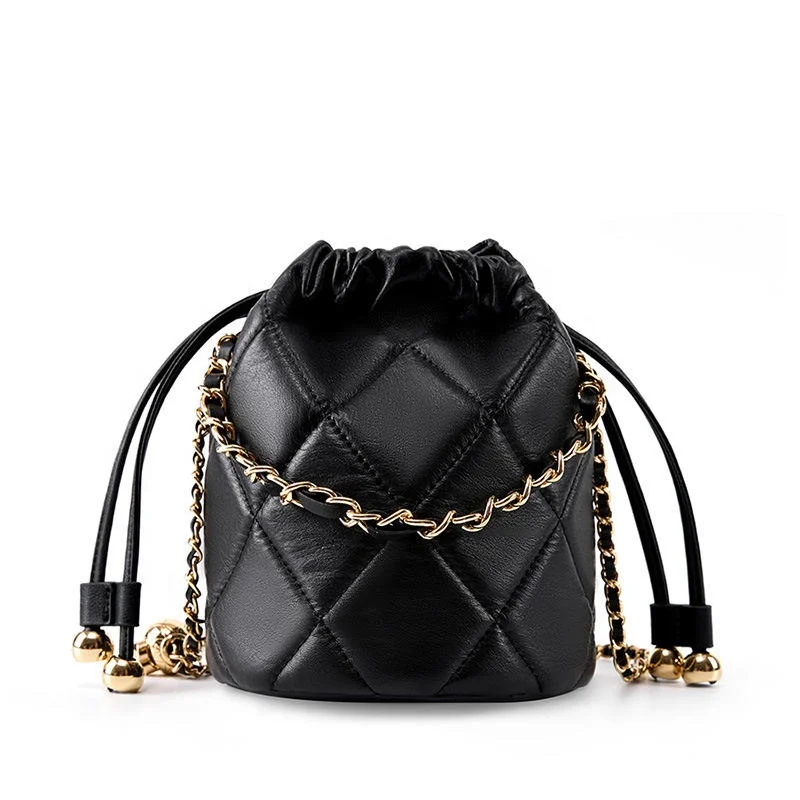New Customization Genuine Leather Quilted Mini Bucket Girls Luxury Versatile Chain Shoulder Crossbody Bags