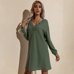 2021 Casual V-Neck Long Sleeve Sexy Fall Winter Street Wear Army Green Knitting Loose Plus Size Shirt Dress for women
