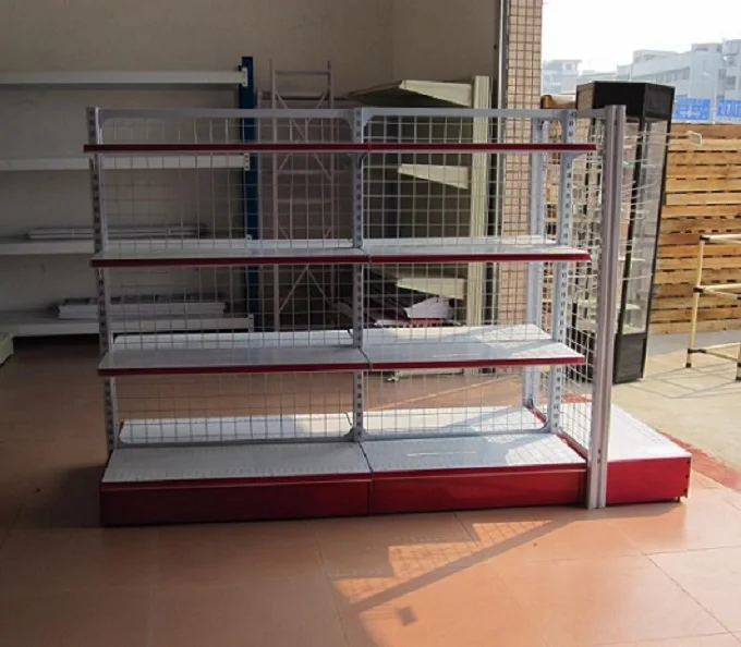 Customized general store products Double-side supermarket gondola shelves with wire mesh backboard