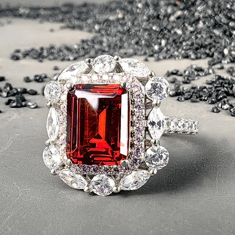 Factory Fine Jewelry Glam Rhodium Plated 925 Sterling Silver Emerald Cut Pigeon Blood Red Ruby Cocktail Ring For Women