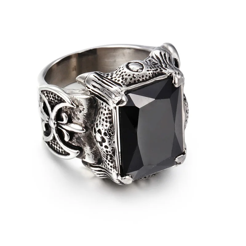  Stainless Steel Square Large Stone Green Crystal Vintage Punk Ring Dragon Claw Celtic Knot