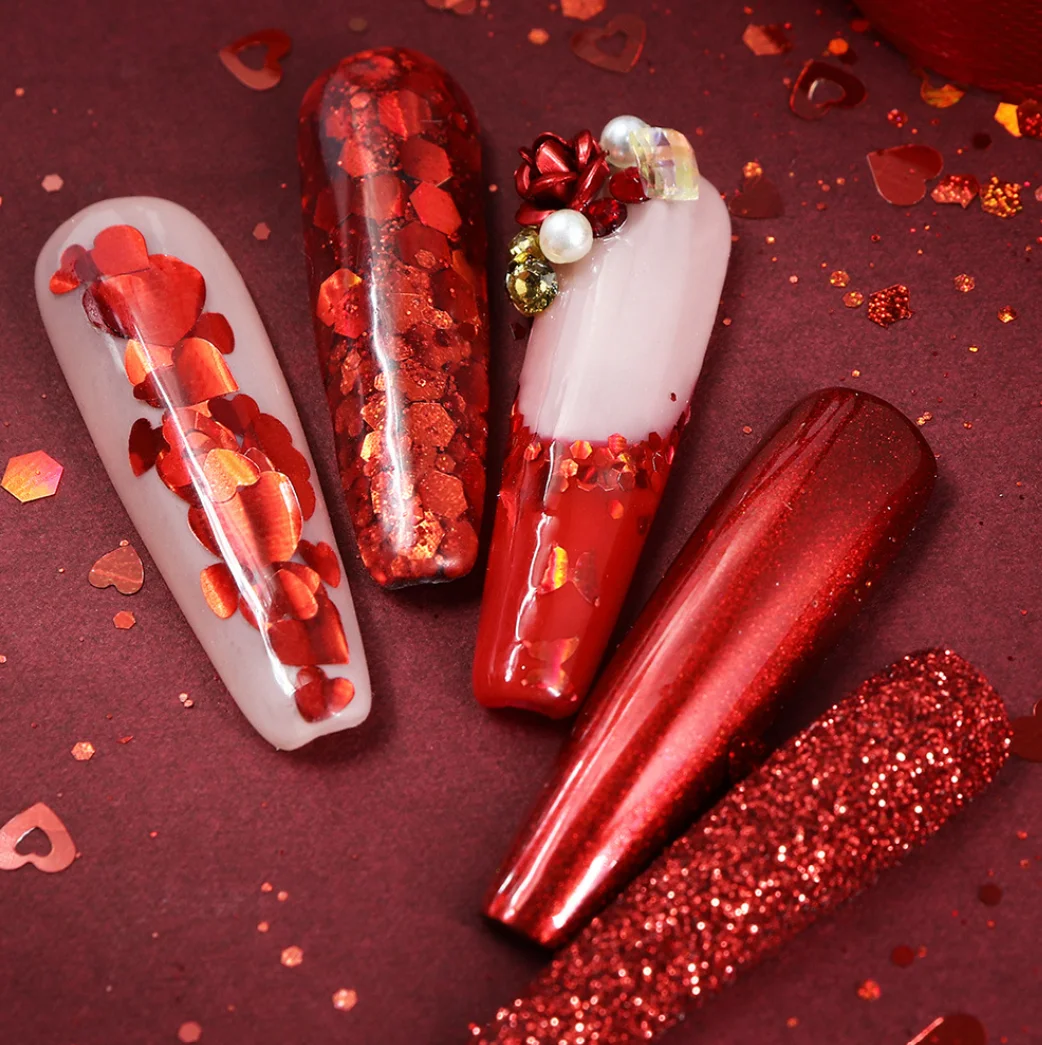 New 6 Color Colorful Valentine Design Bottled Big Red Love Shining Mixes Shape Set New Year Nail Sequins
