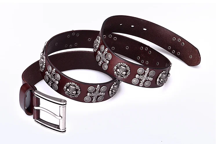 Cowboy Cowgirl Western Top Grain Cow Hide Punk Studded Genuine Leather Skull Belt