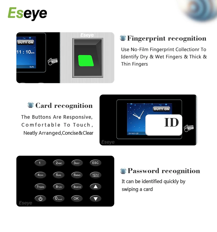 Eseye 2.4inch Attendance Management System Time Recording Device Fingerprint Face Recognition USB TCP English ID Card Management