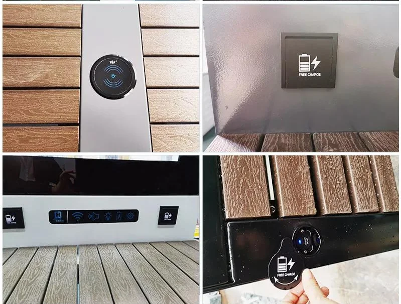 Smart bench energized by solar power with WIFI Bluetooth speaker, Wireless & USB charging, LED strip light and body Induction