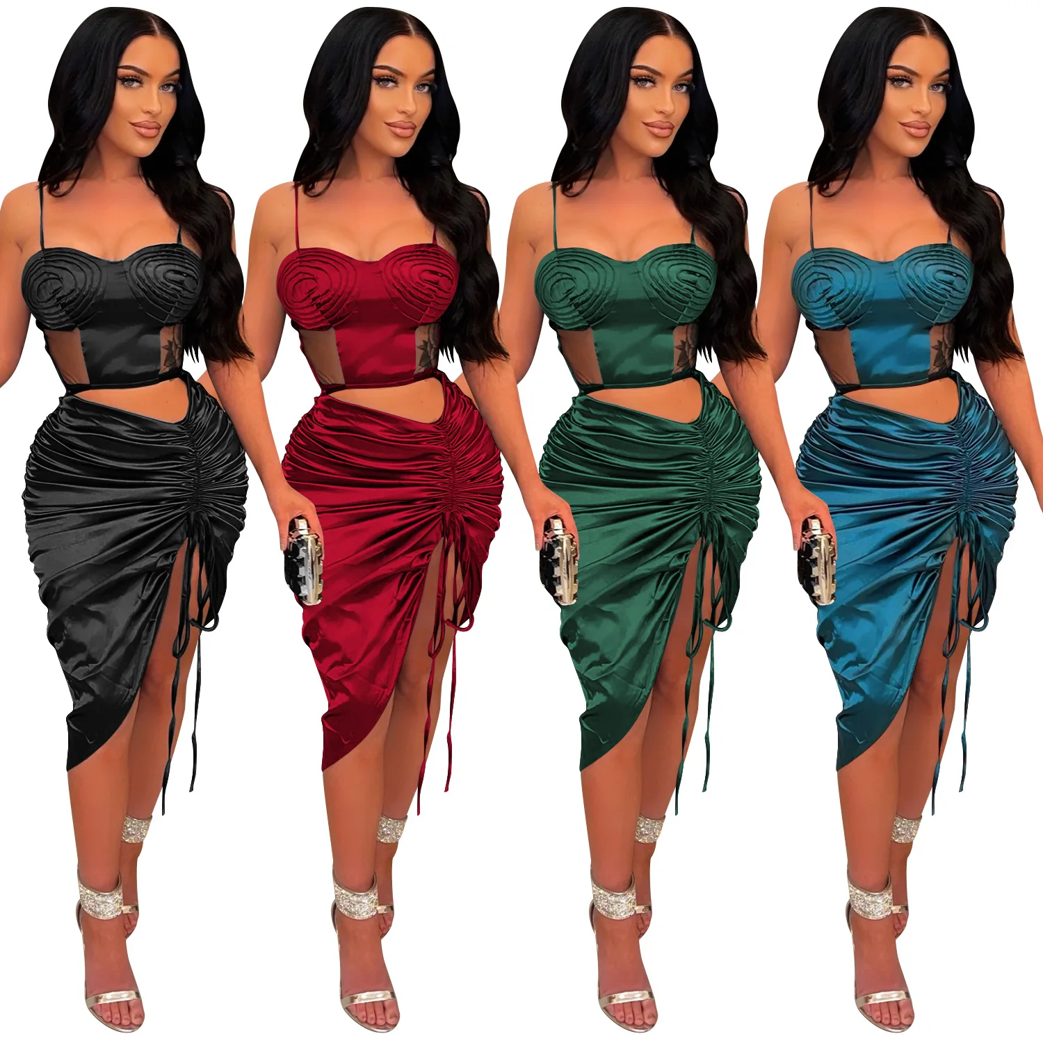 2022 Ladies Spaghetti Strap Pleated High Side Split Irregular Satin Body Dress