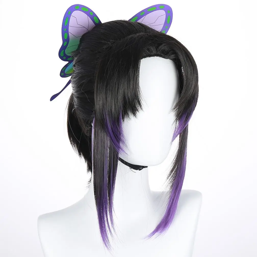 Short Ponytail Purple Mixed Black Synthetic Heat Resistant Fiber Hair Anime Demon Slayer Kochou Shinobu Cosplay Wigs for Women