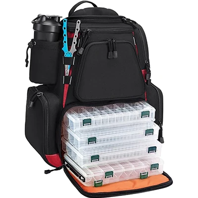 Fishing gear backpack with four pallets, large waterproof fishing gear bag, storage with rain cover