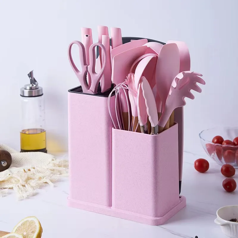 New innovation 19-piece set of silica gel kitchen utensil set with wooden handle and cuttings board holder kitchen gadget