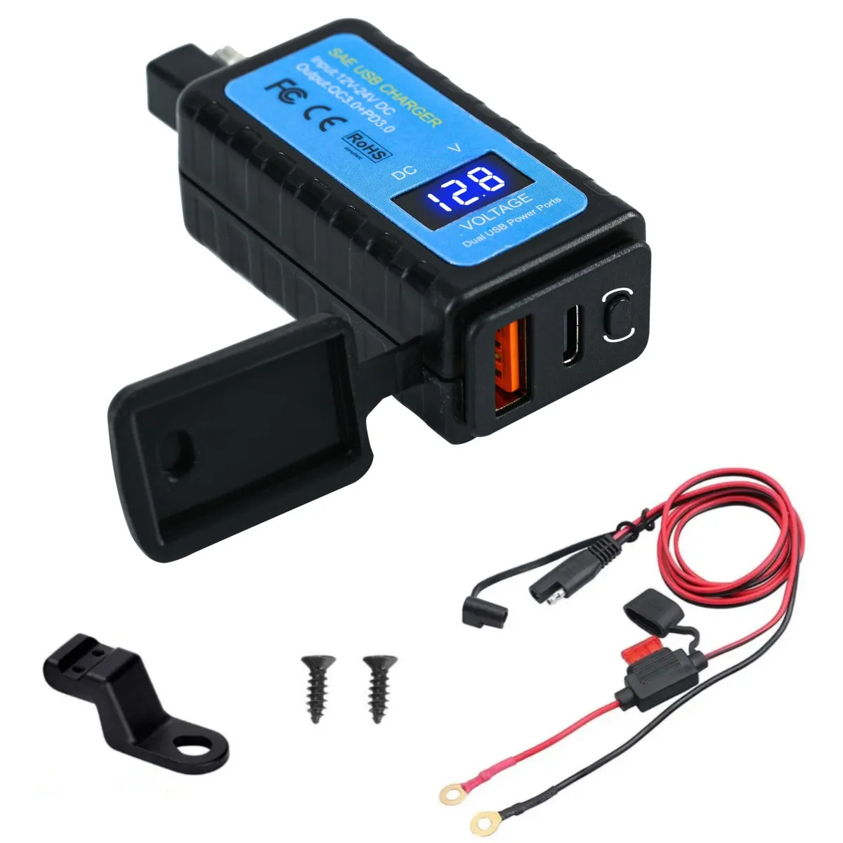 12V Motorcycle SAE To USB Dual Port PD+QC3.0 Cable Adapter Phone Charger With LED Voltmeter and switch